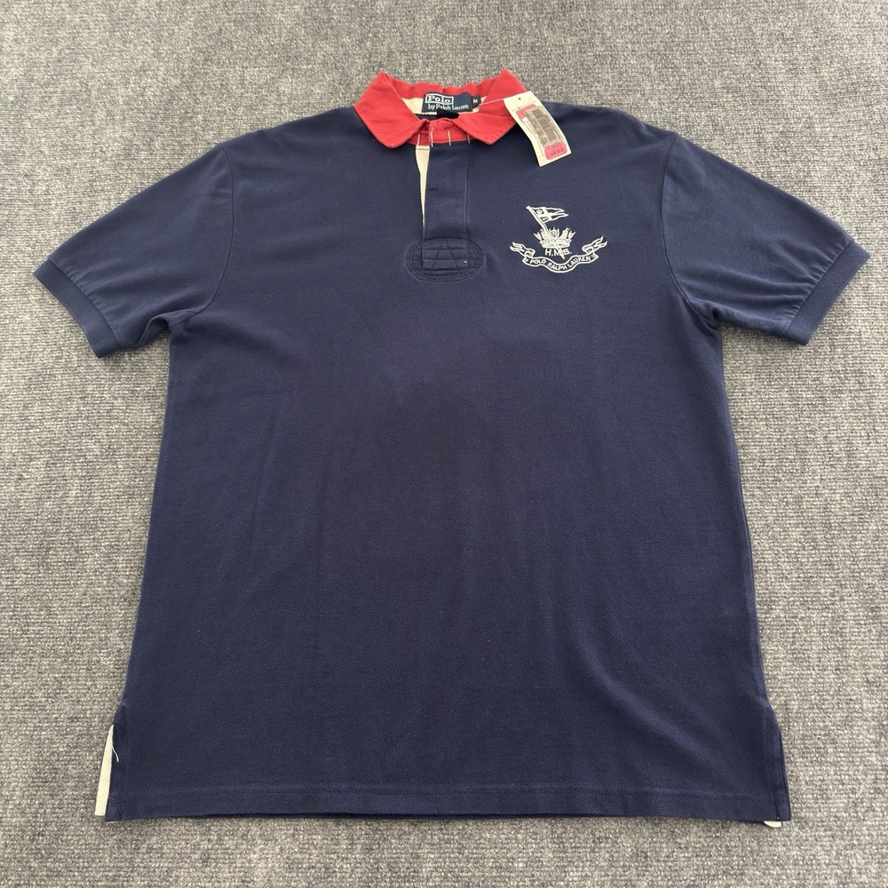 Vintage Polo Ralph Lauren H.M.S. Crown Crest Navy Blue Rugby Polo Shirt Men's M